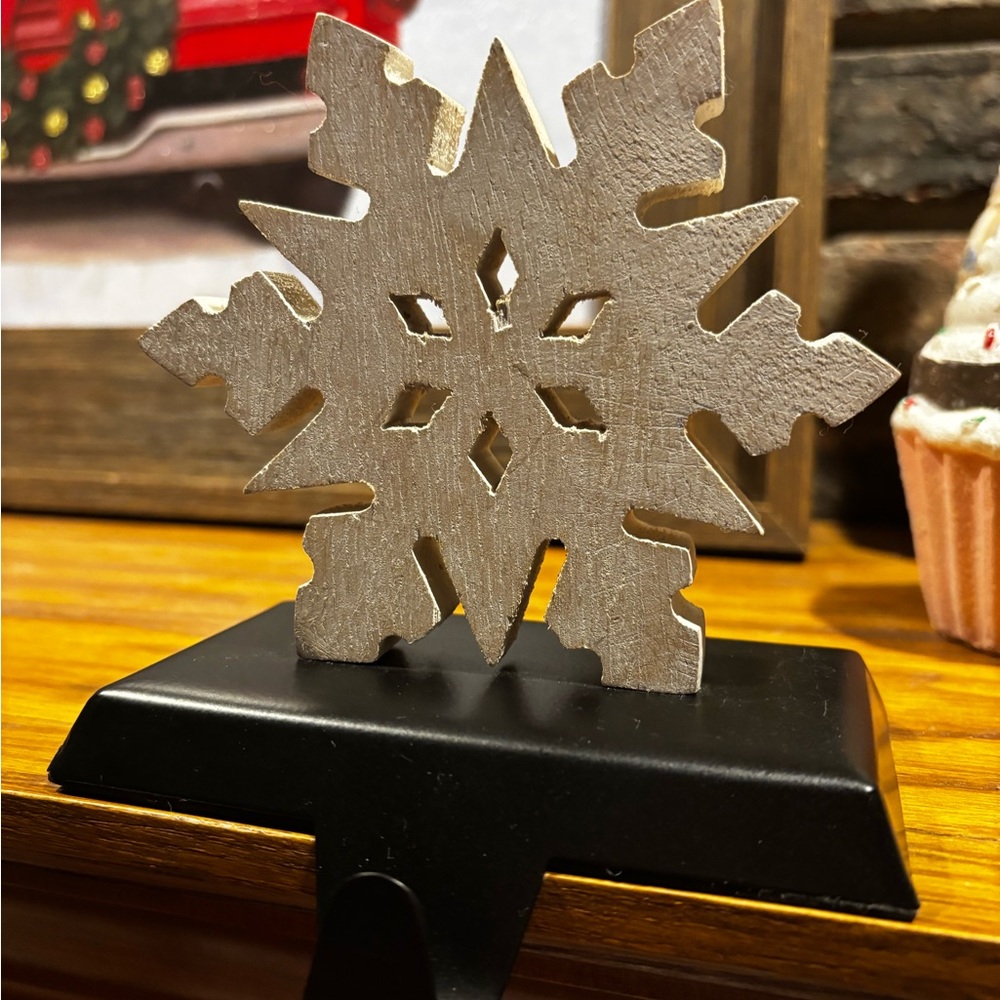 Wooden Snowflake Stocking hanger on black base